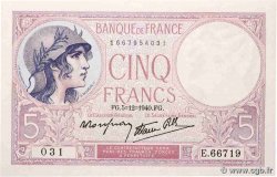 5 Francs FEMME CASQUÉE modifié FRANCE  1940 F.04.16