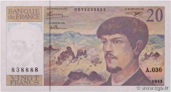 20 Francs DEBUSSY à fil de sécurité Numéro spécial FRANCE  1992 F.66bis.03A36 UNC