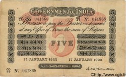 5 Rupees INDIA  1922 P.A06h F+