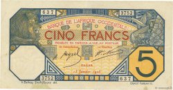 5 Francs DAKAR FRENCH WEST AFRICA Dakar 1928 P.05B var VF+