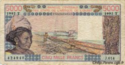 5000 Francs WEST AFRICAN STATES  1992 P.808Tn VG