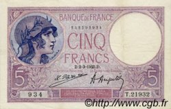 5 Francs FEMME CASQUÉE FRANCE  1925 F.03.09 VF+