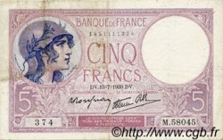 5 Francs FEMME CASQUÉE modifié FRANCIA  1939 F.04.01 q.SPL