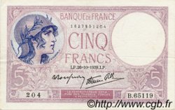 5 Francs FEMME CASQUÉE modifié FRANCE  1939 F.04.13 VF+
