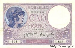 5 Francs FEMME CASQUÉE FRANKREICH  1922 F.03.06 VZ