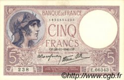 5 Francs FEMME CASQUÉE modifié FRANCE  1940 F.04.15 AU