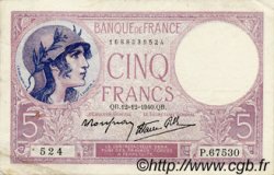 5 Francs FEMME CASQUÉE modifié FRANCE  1940 F.04.17 VF+