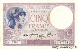 5 Francs FEMME CASQUÉE modifié FRANCE  1940 F.04.18 XF