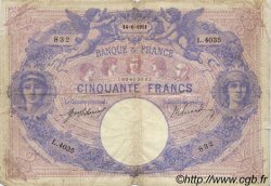 50 Francs BLEU ET ROSE FRANCE  1911 F.14.24 TB