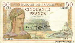 50 Francs CÉRÈS modifié FRANCE  1940 F.18.39 VF-