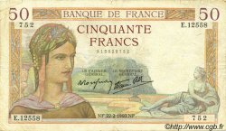 50 Francs CÉRÈS modifié FRANKREICH  1940 F.18.39 fSS