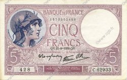 5 Francs FEMME CASQUÉE modifié FRANCE  1939 F.04.09 XF+