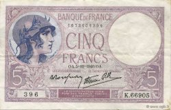 5 Francs FEMME CASQUÉE modifié FRANCE  1940 F.04.16 VF+