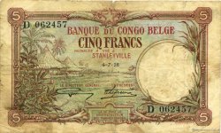 5 Francs BELGA CONGO Stanleyville 1926 P.08d BC