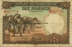 10 Francs BELGIAN CONGO  1942 P.14Ba F-