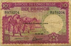 10 Francs BELGIAN CONGO  1943 P.14C F-