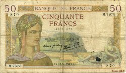 50 Francs CÉRÈS modifié FRANCE  1938 F.18.10 G