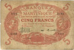 5 Francs Cabasson rouge MARTINIQUE  1929 P.06A VG