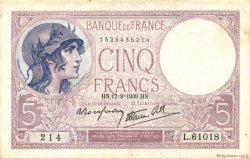 5 Francs FEMME CASQUÉE modifié FRANCE  1939 F.04.06 SUP+