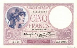 5 Francs FEMME CASQUÉE modifié FRANKREICH  1939 F.04.08 VZ