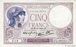 5 Francs FEMME CASQUÉE modifié FRANCIA  1940 F.04.15 SPL+