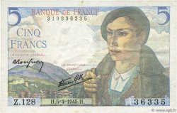 5 Francs BERGER FRANKREICH  1945 F.05.06 fVZ