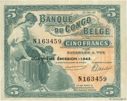 5 Francs BELGIAN CONGO  1943 P.13Ab VF+