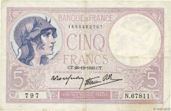 5 Francs FEMME CASQUÉE modifié FRANCE  1940 F.04.18 VF-