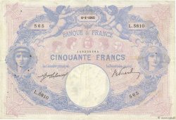 50 Francs BLEU ET ROSE Numéro radar FRANCE  1915 F.14.28
