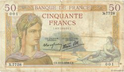 50 Francs CÉRÈS modifié FRANCE  1938 F.18.10 VG