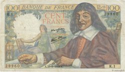 100 Francs DESCARTES FRANCE  1942 F.27.01 VF-