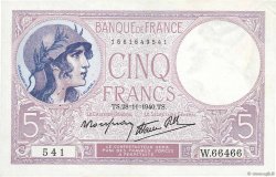5 Francs FEMME CASQUÉE modifié Numéro radar FRANCE  1940 F.04.15 VF