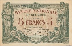 5 Francs BELGIUM  1914 P.075a XF