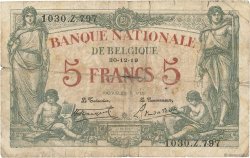 5 Francs BELGIEN  1919 P.075b SGE