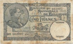 5 Francs BELGIEN  1927 P.097b SGE