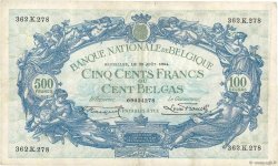 500 Francs - 100 Belgas BELGIEN  1934 P.103a fSS