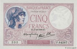 5 Francs FEMME CASQUÉE modifié FRANKREICH  1939 F.04.11 fST+