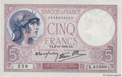 5 Francs FEMME CASQUÉE modifié FRANCE  1939 F.04.14 SPL