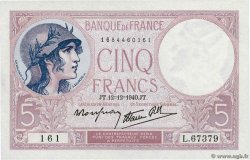 5 Francs FEMME CASQUÉE modifié FRANCE  1940 F.04.17 NEUF