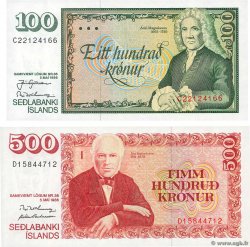 100 et 500 Kronur Lot ISLAND  1986 P.54a et P.55a