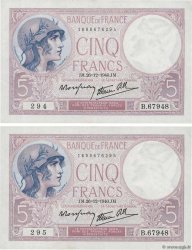 5 Francs FEMME CASQUÉE modifié Consécutifs FRANCE  1940 F.04.18
