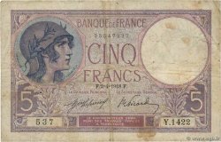 5 Francs FEMME CASQUÉE FRANCE  1918 F.03.02 VG