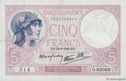 5 Francs FEMME CASQUÉE modifié FRANCE  1939 F.04.08 pr.SUP