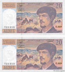 20 Francs DEBUSSY à fil de sécurité Consécutifs FRANCE  1990 F.66bis.01
