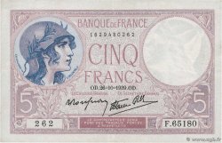 5 Francs FEMME CASQUÉE modifié FRANCE  1939 F.04.13 VF