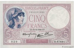5 Francs FEMME CASQUÉE modifié FRANCE  1940 F.04.17
