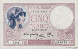 5 Francs FEMME CASQUÉE modifié FRANCIA  1940 F.04.17 AU