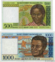 500 Francs - 100 Ariary et 1000 Francs - 200 Ariary Lot MADAGASCAR  1994 P.075b et P.076a UNC-