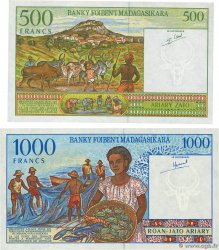 500 Francs - 100 Ariary et 1000 Francs - 200 Ariary Lot MADAGASCAR  1994 P.075b et P.076a UNC-