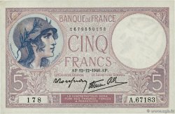 5 Francs FEMME CASQUÉE modifié FRANCE  1940 F.04.17 pr.SUP
